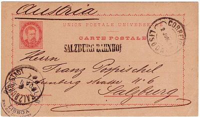 Postal stationery. Portugal. Austria. Postal stationery of 20 reis, D. Luis OM#10, sent from 