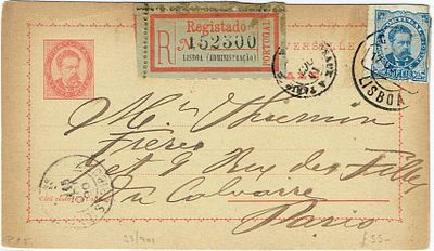 Postal Stationery. Portugal. Registered stationery of 20 reis D. Luis, with an additional 50 