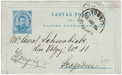 Portugal. Postcard of 50 reis D. Luis, written in Lisbon on 22 January 1892, for Hungary 