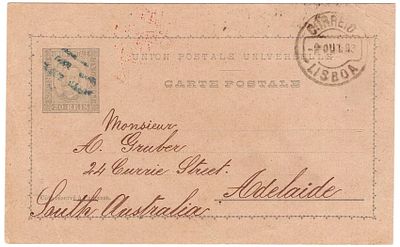Postal stationery. Portugal. Australia. 20 reis postal stationery, D. Carlos Mouchon OM#14 sent 