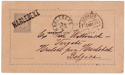 Postal stationery. Portugal. Belgium. 20 reis postal stationery, D. Carlos OM#14, sent from 