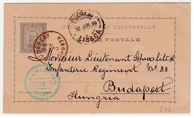 Portugal. Postcard of 20 reis D. Carlos, to Hungary, sent from Porto on 30 June 1894, arrival 