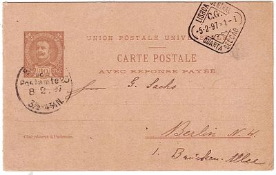 Postal stationery. Portugal. Germany. Postal stationery of 30 reis with reply paid, D. Carlos 