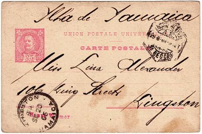 Postal stationery. Portugal. Jamaica. 25 reis postal stationery, D. Carlos Mouchon OM#36 sent 