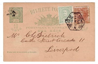 Postal Stationery. IP of 10 reis from D. Carlos Mouchon, with additional stamps of 10 and 5 