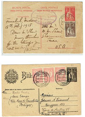 Postal Stationery. CERES: batch of 2 Postal Stationery; 2 cents with an additional 1 cent, from 