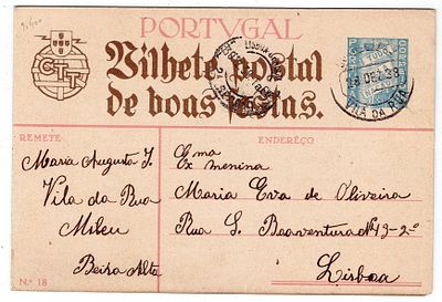 Holiday greeting cards. 25 cent postage, mailed from Vila da Rua / Mileu on December 28, 1938 