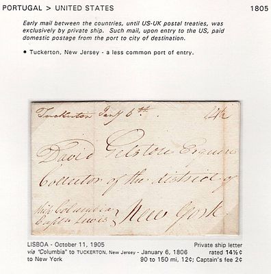 Postal history. Letter sent from Lisbon on 11.10.1805, delivered on board the ship “Columbia” 