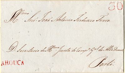 Arouca – In red, LF ARC1 on an undated letterhead cover, from Arouca to Porto, with a postage 