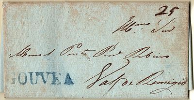 Gouveia – In blue, LF GVA1 on stampless folded letter dated from Vila Cortez (12.12.1849) to 