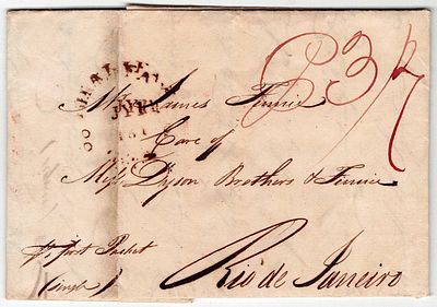 Brazil-England via the River Packet. Letter sent from Willow Hall on May 29, 1813, marked in 