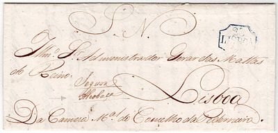 Postal history. Secured letters. Letter sent from Pederneira on February 18, 1840. Posted in 