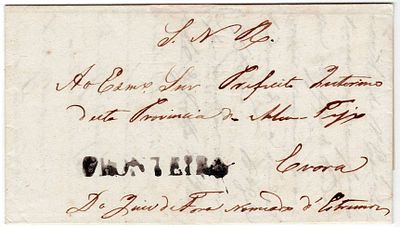 Pre-philately. Letter. Written in Fronteira on 10/7/1834, to &Eacute;vora. Sent as being from the 