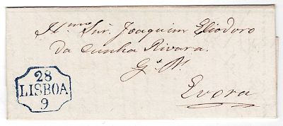Postal History. Portugal. Lisbon 28.9.1842, letter sent safely to &Eacute;vora, with the mark of the 