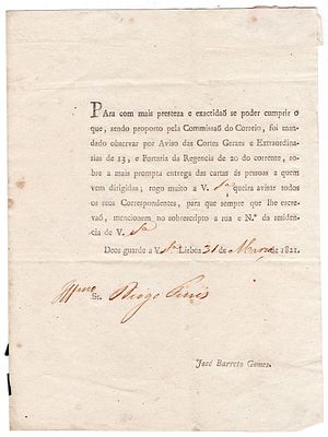 Postal history. Printed document from the Lisbon post office, dated March 31, 1821, by Jos&eacute; 