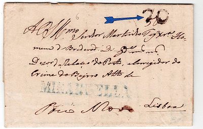 Postal history. Postage amendments. Letter written in Mirandela on 22/03/1828. Marked 