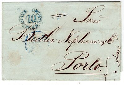 Postal history. Postage amendments. Letter written in Lisbon on July 7, 1849, destined for 