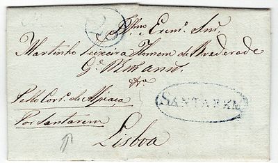 Pre-philately. Letter sent from Quinta Nova on 29/04/1842. SANTAREM mark. STR6. Blue. Rar1, to 