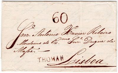 Pre-philately. Letter sent from Tomar on 28/03/1829 to Lisbon. Marked THOMAR TMR1, rar3 in 