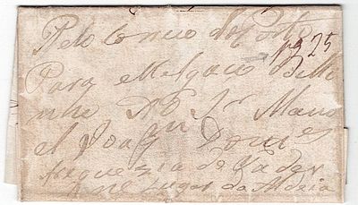 Postal history. Free letter. Written in Lamego in September 1836 (?) and addressed to Melga&ccedil;o. 