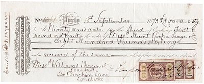 1873. Bill of exchange for &pound;800 drawn by Hunt, Newman Roope, dated 10/09/1873. Stamp duty of 