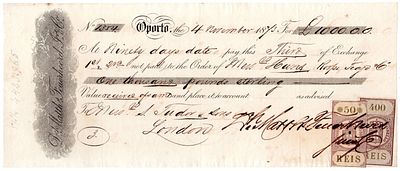 1873. Bill of exchange for &pound;1000 drawn by Hunt, Newman Roope, dated Porto, November 4, 1873. A 