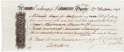 1849. Bill of exchange for &pound;300 drawn by Hunt, Newman Roope, dated Porto, October 27, 1849