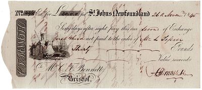 1845. Bill of exchange for &pound;30 from St. Johns Newfoundland drawn by Hunt, Newman Roope, dated 