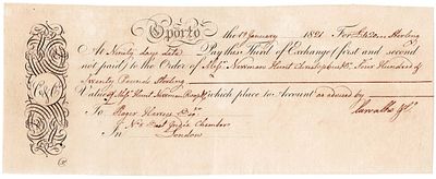 1821. Bill of exchange for &pound;420 drawn by Hunt, Newman Roope, dated 19/01/1821 in Porto.