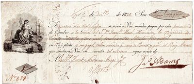 1822. Bill of exchange for 173,970 r&eacute;is in metal, dated 9/12/1822 in Vigo, drawn by Hunt 
