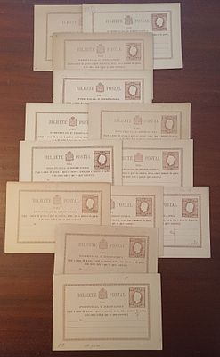 Postal stationery. Lutz Hohensang. D. Lu&iacute;s Relief 15 reis. Study set of 14 15 reis stationery 