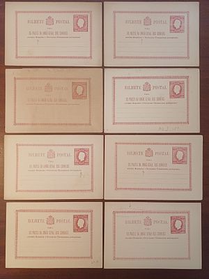 Postal stationery. Lutz Hohensang. D. Lu&iacute;s relief 25 reis. Set of 8 25 reis stationery, OM#2 