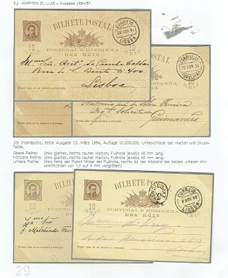 Postal stationery collection LUTZ sheet with 5 postal stationery of 10 r&eacute;is D. Luis, OM#9 