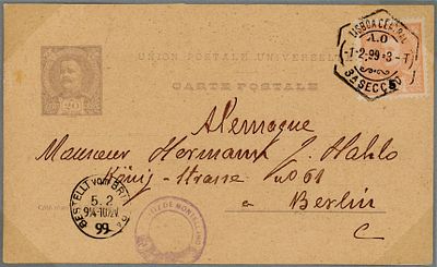 Postal stationery from the Lutz collection. 20 r&eacute;is postal stationery D. Carlos OM #24, on 