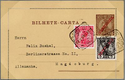 Postal stationery from the Lutz collection. 25 r&eacute;is letter card D. Manuel S/C Republic OM#14 