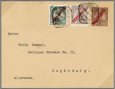 Postal stationery from the Lutz collection. D. Manuel envelopes of 25 reis with Republic 