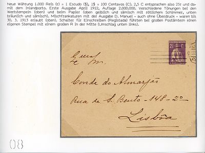 Postal stationery from the Lutz collection. 2 &frac12; inch envelope circulated from Lisbon to Lisbon.