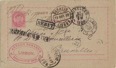 Portugal 1884/7 D. Lu&iacute;s I, front-facing. OM10, 20 r&eacute;is, pink on cream card, circulated from 