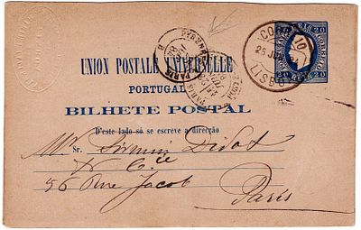 Postal Stationery. 1884. IP of 20 reis D. Luis (OM#4), from Lisbon 25.6, to Paris, French 