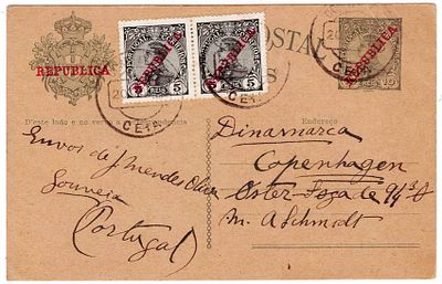 Postal stationery. Postal stationery D. Manuel 10 reis with Republic surcharge with additional 