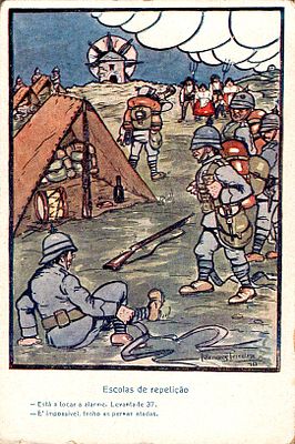 Postcard with caricature. Colored postcard with a caricature of the Portuguese Army. New 