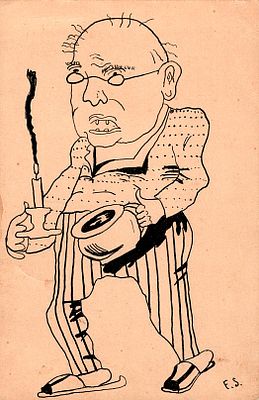 Postcard with caricature. Monochrome postcard with caricature signed FS. New, signs of use.