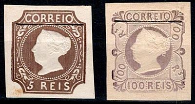 Reprints 1885 * 1853 D. Maria. 2 reprints of 1885 of 5 reis and 100 reis, no perforation, both 