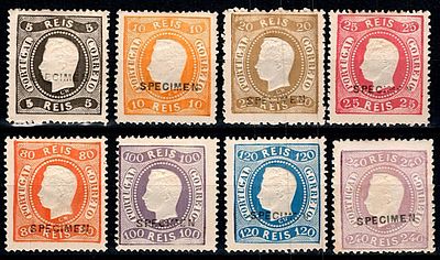 Reprints 1885 * 1867 D. Luis curved ribbon with SPECIMEN overprint. Almost full set of 1885 