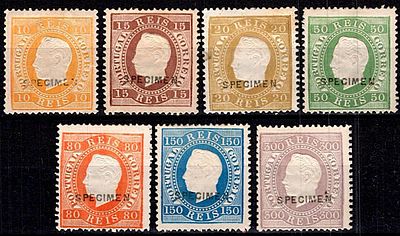 Reprints 1885 * 1870-76 D. Luis, straight ribbon with SPECIMEN overprint. 7 reprints of 1885 in 