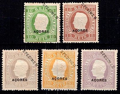 Azores Reprints 1885 * 1870-1876 D. Luis, straight ribbon. 5 reprints of 1885, of 10, 15, 100 