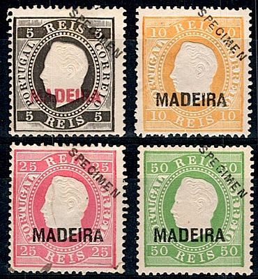 Reprints Madeira 1885 * 1871-1876 D. Luis, straight ribbon. 4 reprints of 1885, of 5, 10, 25 