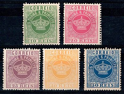 Reprints S&atilde;o Tom&eacute; and Pr&iacute;ncipe 1885 * 1881-85 Coroa new colors. Full set of 5 reprints in 13.5 