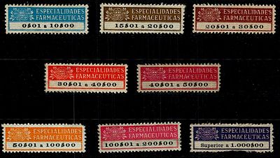 Tax Inspectors Portugal Pharmaceutical Specialties. 8 tax stamps of various rates in good condition.