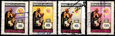 Mozambique Tax Collectors. Set of 4 Tax Stamps of 20$ Violet, 40$ Yellow, 40$ Grey and 120$ 